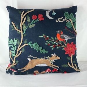 Embroidered Pillow with Deer and Bird Design